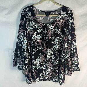 Liz Claiborne Women's Black Floral Knit Tie Sleeve Blouse Size 3X, Cottagecore